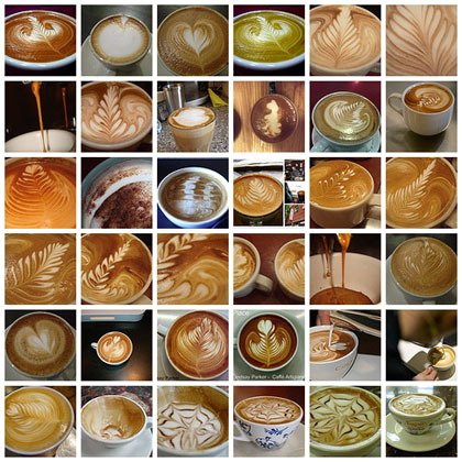 Photograph showing many cups of latte art